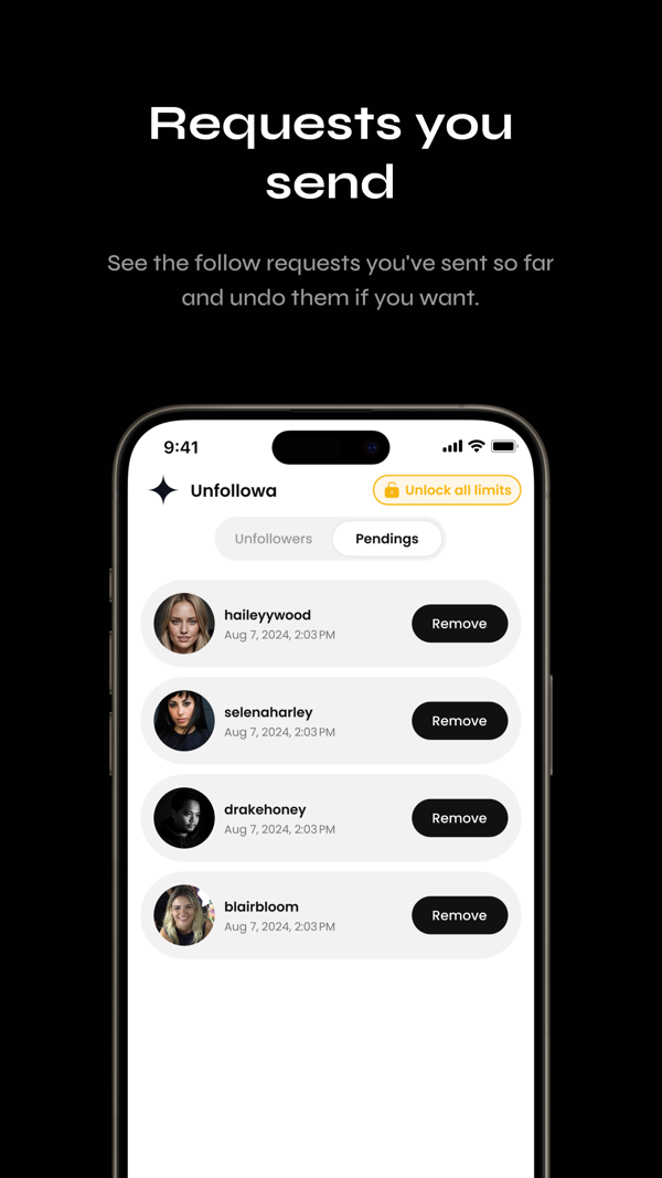 Unfollowa screen showing pending follow requests you sent