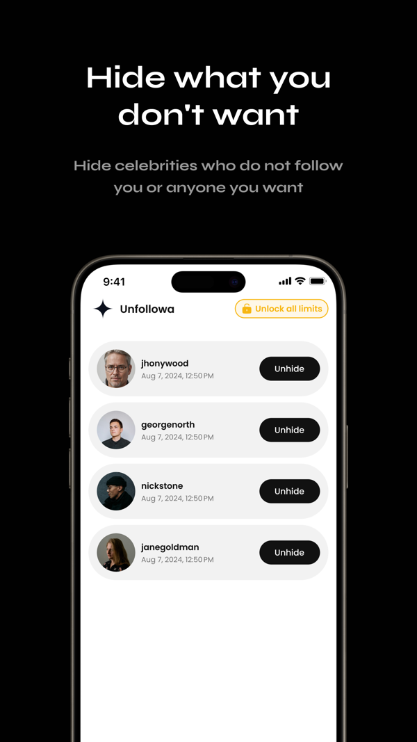 Unfollowa screen for hiding accounts you don't want tracked